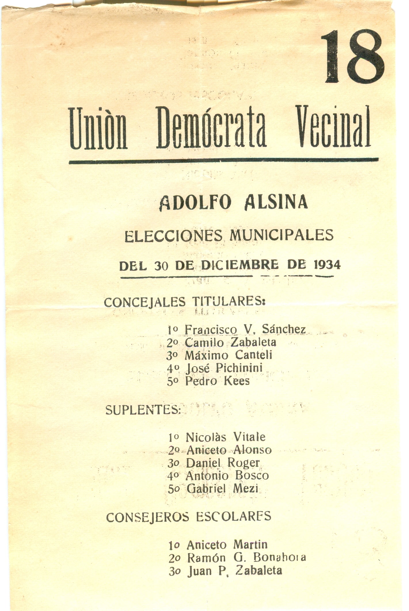 1934 Boleta Elecc 30-Dic Union Demócrata vecinal