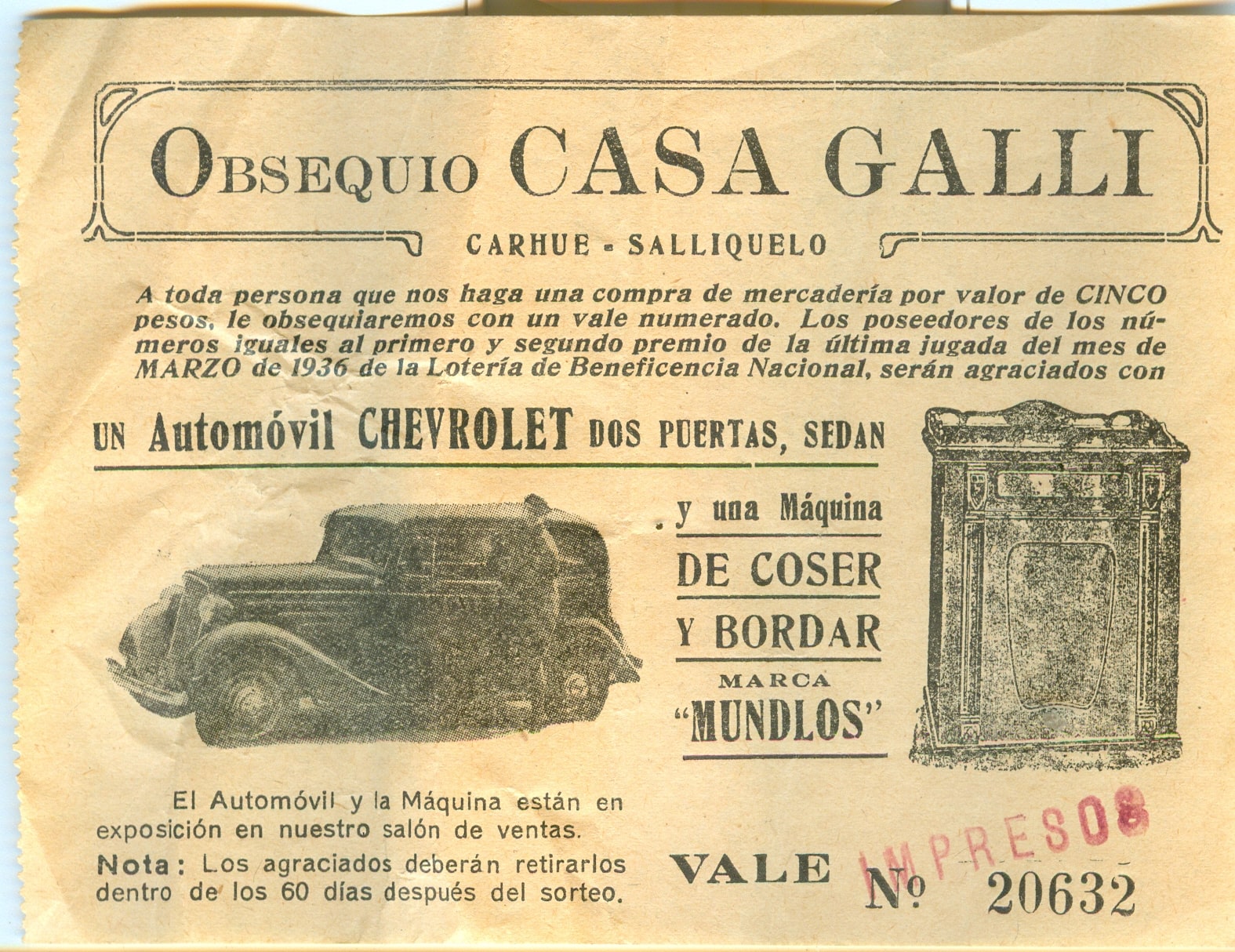 1936 SORTEO DEL AUTO EN CASA GALLI CARHUE CASA GALLI CARHUE TIENDA