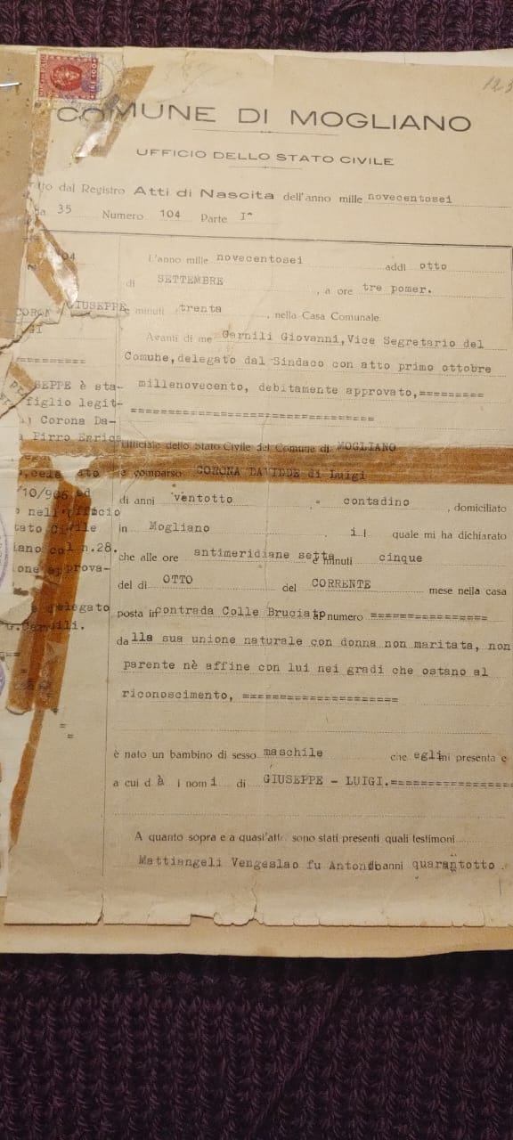 Certificado de nacimiento de José Corona- 1906