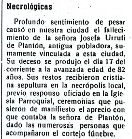 Necrológica- Fall. Josefa Urruti Vda. de Plantón -El Pueblo 1963 Nro. 1540